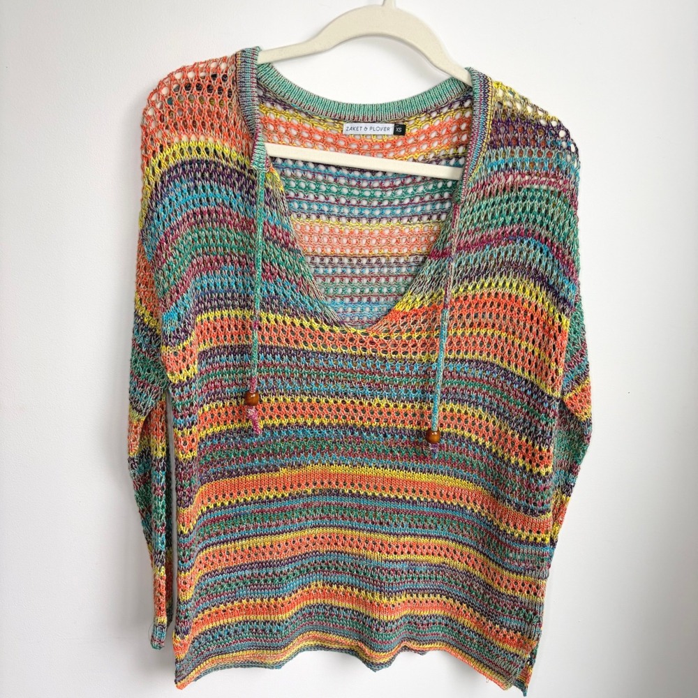 Zaket & Plover Sweater XS Boho Rainbow‎ Striped Open Knit V-Neck Pullover Top